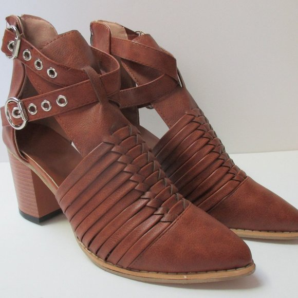 Womans Brown Faux Leather Strap Ankle Shoe Size 8 High Heal - Picture 1 of 10